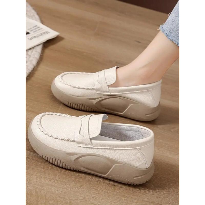 Woman Footwear Low Leather High on Platform Shoes for Women Loafers White Casual Daily Routine Autumn Offer Korean Fashion 2025