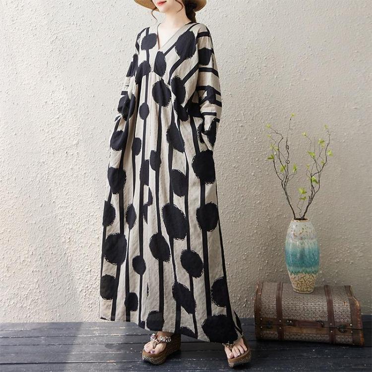 Maxi Dress for Women Spring Autumn Casual Vintage Plus Size Loose Long Sleeve Cotton New In