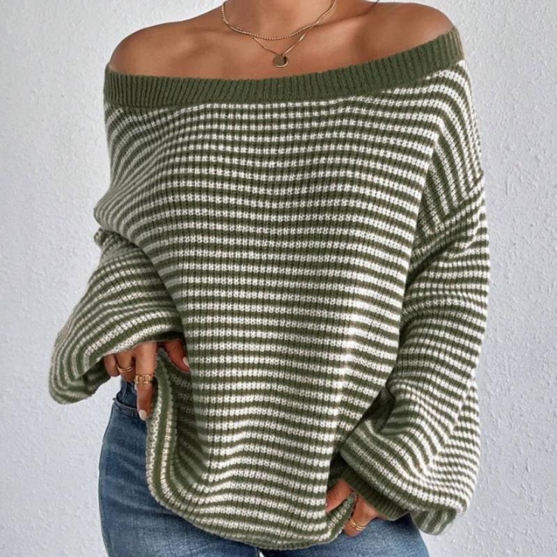 Off The Shoulder Striped Sweater Women Autumn Winter Fashion Loose Soft Neckline Casual Knitted Sweaters