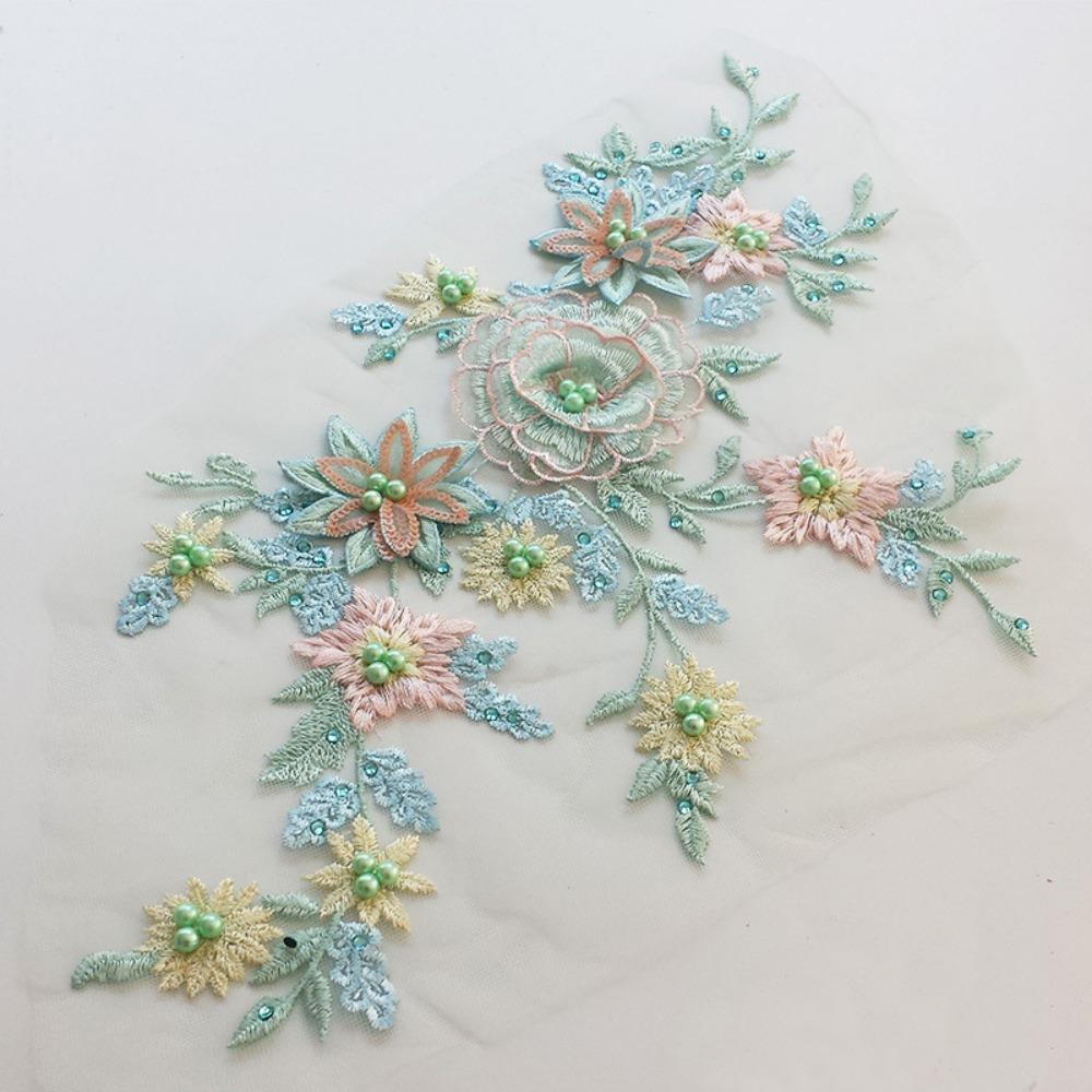 

Pearl Stamen Floral Embroidered Patches 3D Flower Wedding Dress Stickers DIY Clothing Decoration