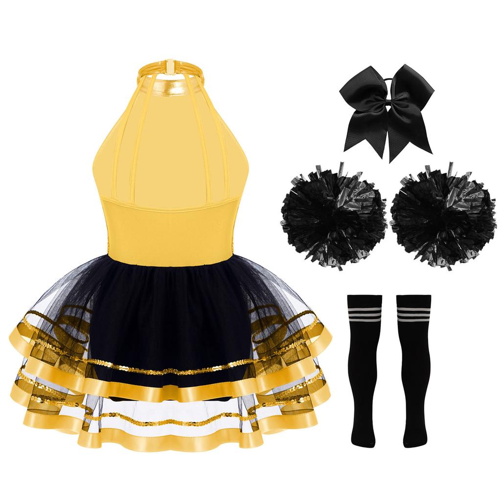 Girls Cheerleading Outfit Sleeveless Halter Sparkling Sequins Backless Tulle Tutu Dress Flower Balls Headwear Socks Set