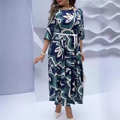 Women's Fashion Temperament Printed Long Sleeve Round Neck Belt Dress