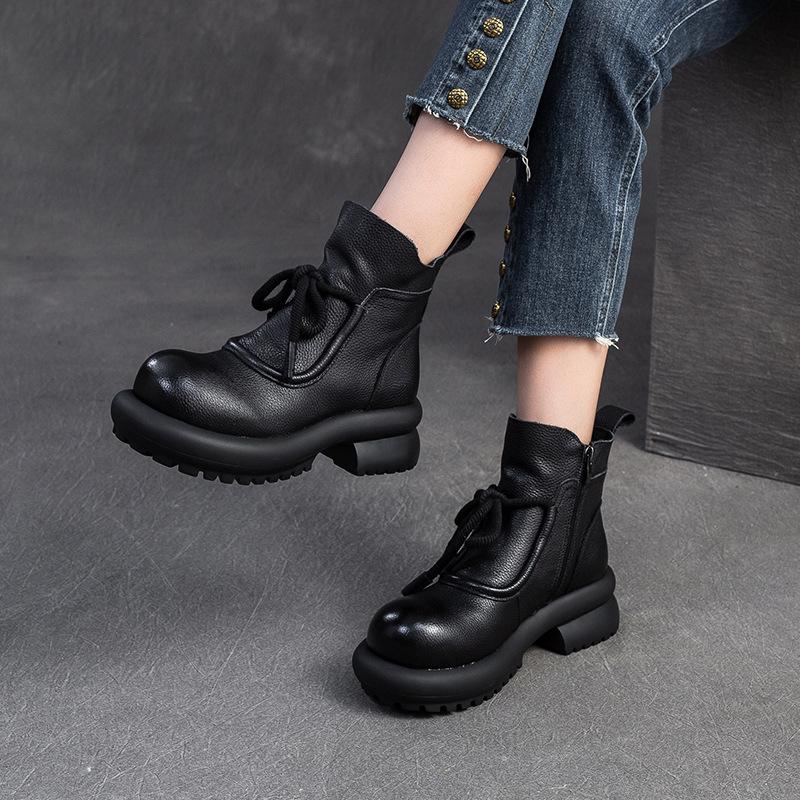 Fashion GKTINOO 2024 Winter New Versatile Women's Shoes Retro Genuine Leather Round Toe Thick Bottom Short Boots