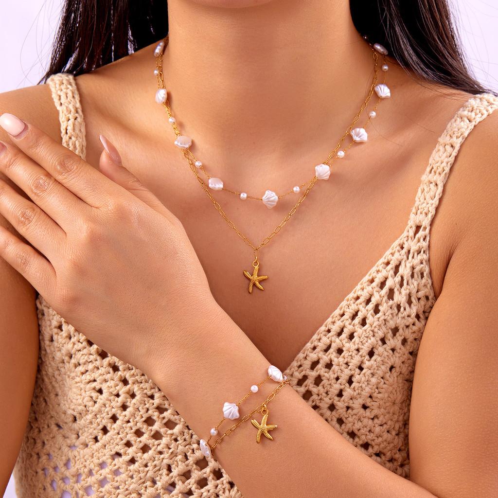 Starfish Shell Pearl Necklace For Women Fashion Ocean Style With Titanium Steel Chain
