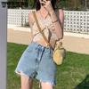 WTEMPO Denim Shorts Summer Women's High Waist Breathable Wide Leg Pants Hairy Edge Hole Slimming Shorts