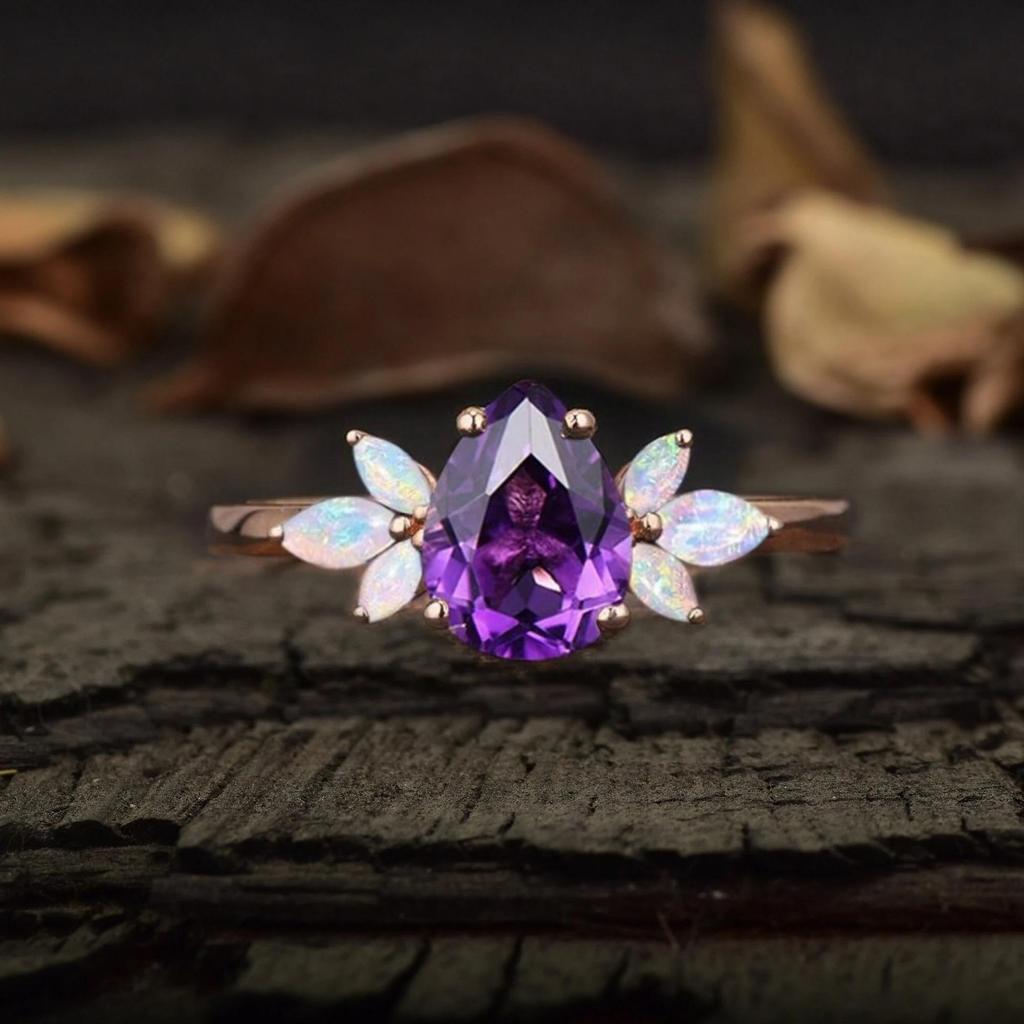 Vintage Pear Amethyst Engagement Ring: Marquise Opal Wings Wedding Band: Art Deco Bridal Wedding Jewelry For Her