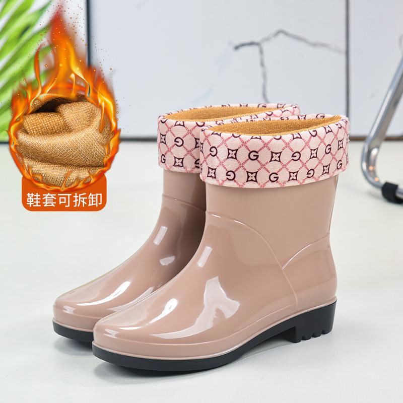 New medium tube rain shoes fashionable women's rain boots velvet warm water shoes waterproof and non-slip beef tendon sole rubber shoes