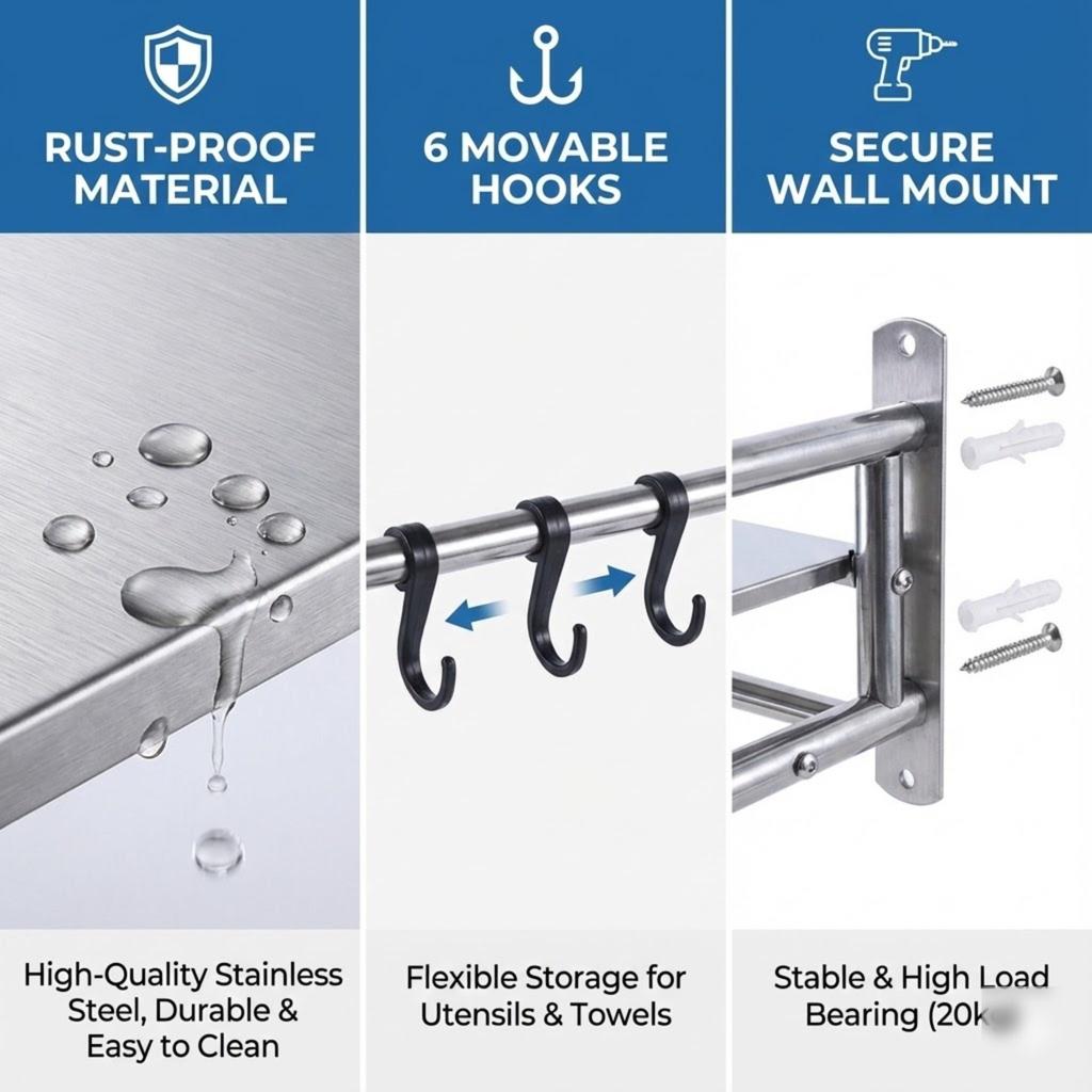 Stainless Steel Microwave Oven Wall Shelf Kitchen Storage Rack Organizer With 6 Hooks Heavy Duty 20kg Capacity