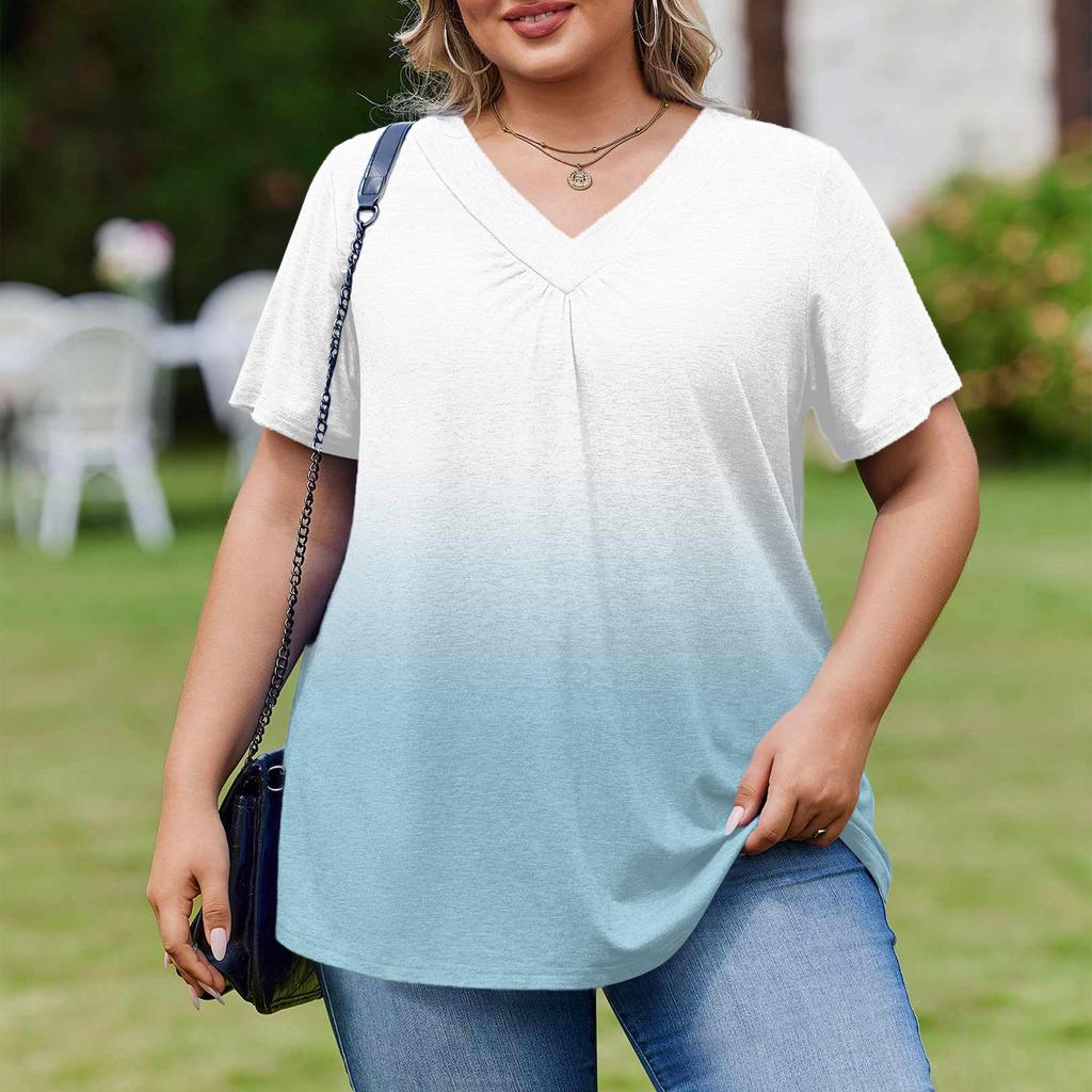 Damska Modna Codzienna Luźna Bluzka Plus Size z Krótkim Rękawem Elegancka z Dekoltem V Do Pracy