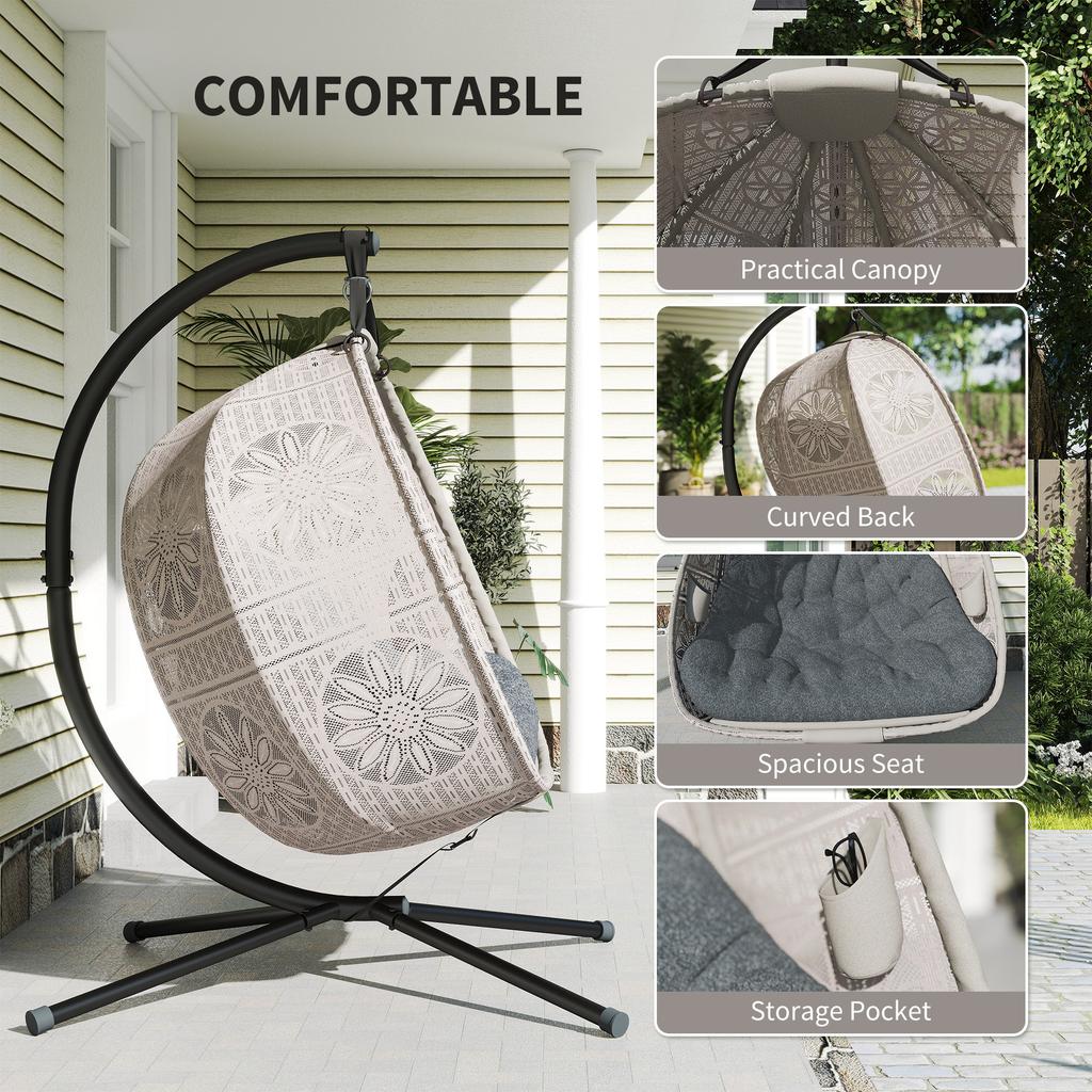 Hanging Chair with Stand, Egg-Shaped Hanging Swing with Removable Washable Cushion, Hammock for 2 People, Swing Chair Indoor Outdoor, Sand+Black
