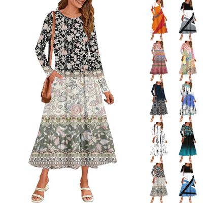 Women's  Printed Casual Dress Spring Autumn Pocket Round Neck Long Sleeve Dresses