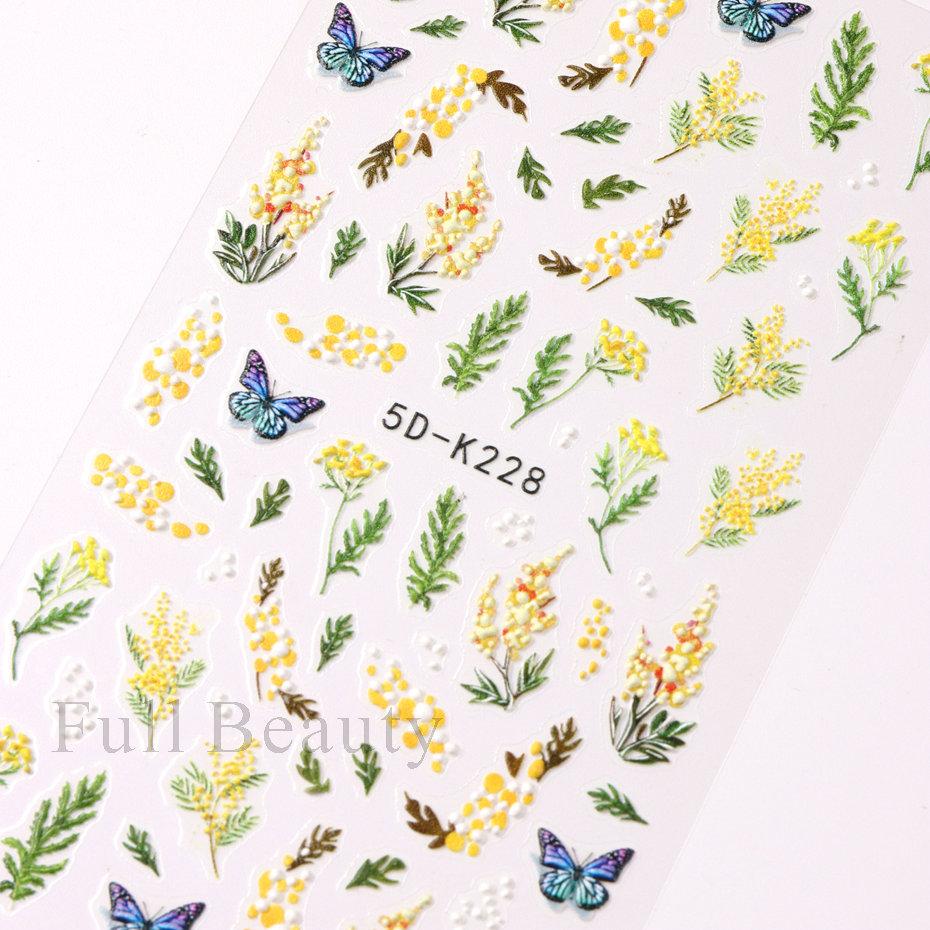 Yellow Mimosa 5D Nail Stickers Embossed Flowers Nails Decals Decor Acrylic Adhesive Sliders Spring Daisy Manicure LA5D-K228