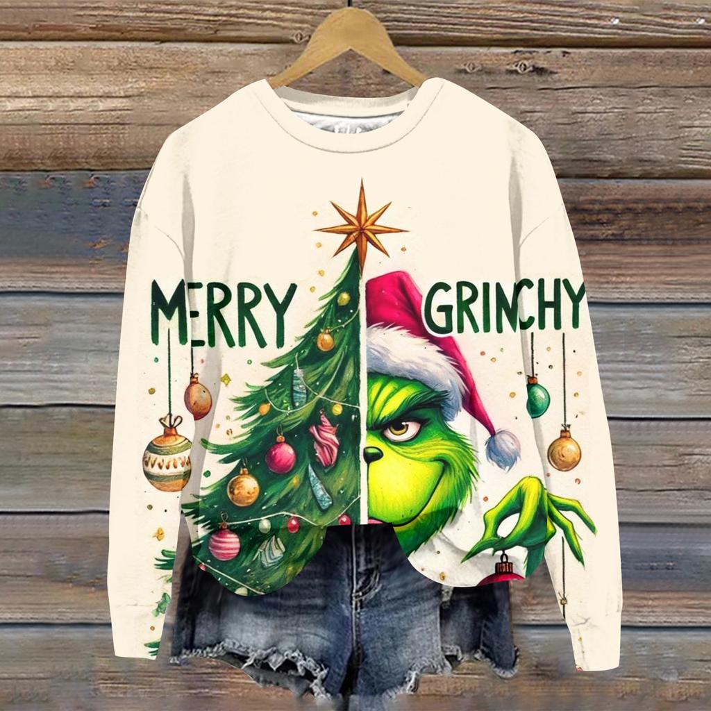 Ladies' Christmas Greentown Print Casual Long Sleeved Round Neck Sports Hoodie Top