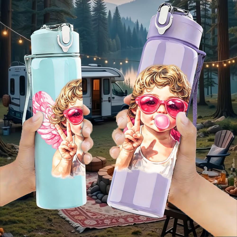 1PC Girl Pink Sunglasses Angel Print 750ml Color Plastic Sports Water Bottle Leakproof Flip Straw Lid Suitable for Sports Office Home Use