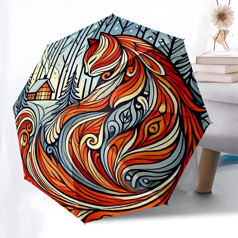 

1pc Autumn Fox Forest Scene Automatic Opening/Closing Umbrella - Portable Folding Design, 8-Bone Iron Frame Outdoor Umbrella, Perfect Gift for Fans, T