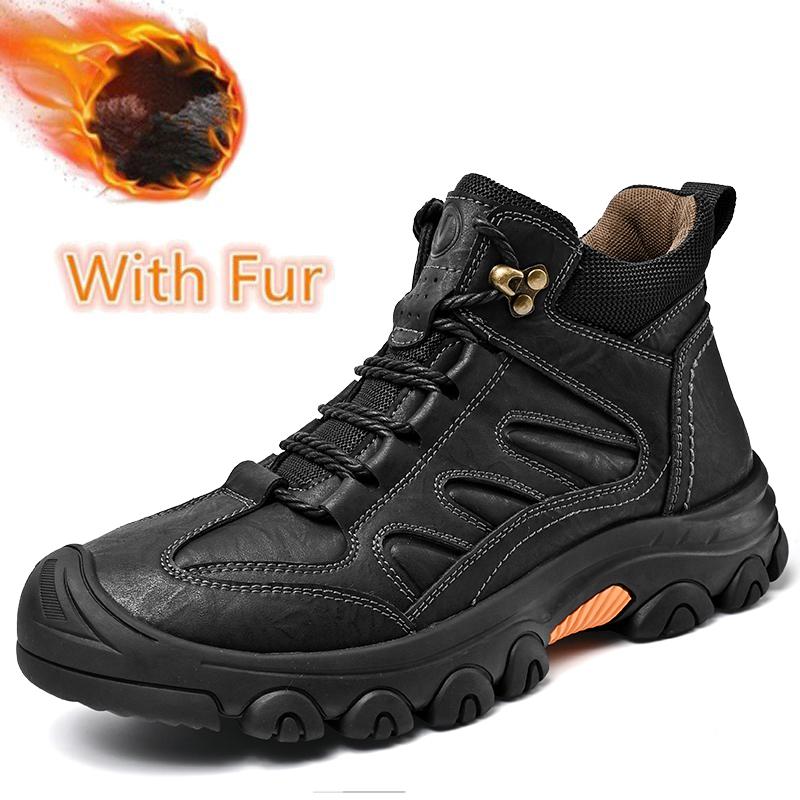 Fashion Genuine Leather Men's Snow Boots Super Warm Plush Outdoor Boots Retro Style Non-slip Hiking Boots Winter Travel Hiking Footwear