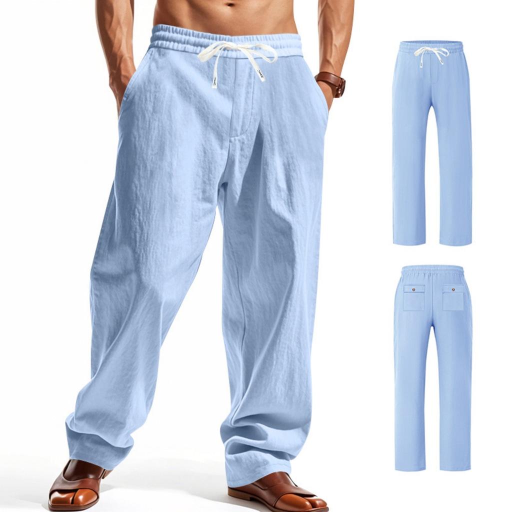 Linen Pants, Men's Casual Solid-color High Street Wide-leg Cargo Pants, Lace-up Work Pants With 4  Pockets