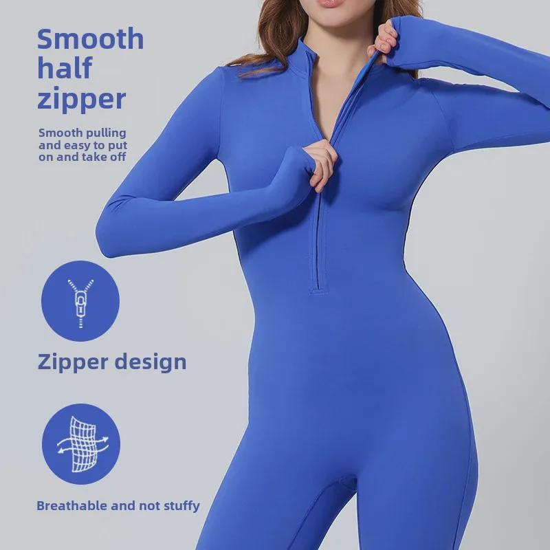 Dámský nahý overal na jógu s dlouhým rukávem a zipem pro běh a fitness