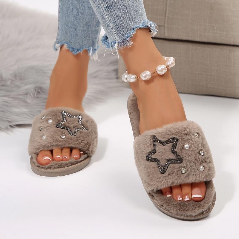 Fashion Punk Glitter Star Decoration Cotton Slides Women 2025 Winter Warm Short Plush Flat Heel Slippers Comfort Soft Indoor Slipper