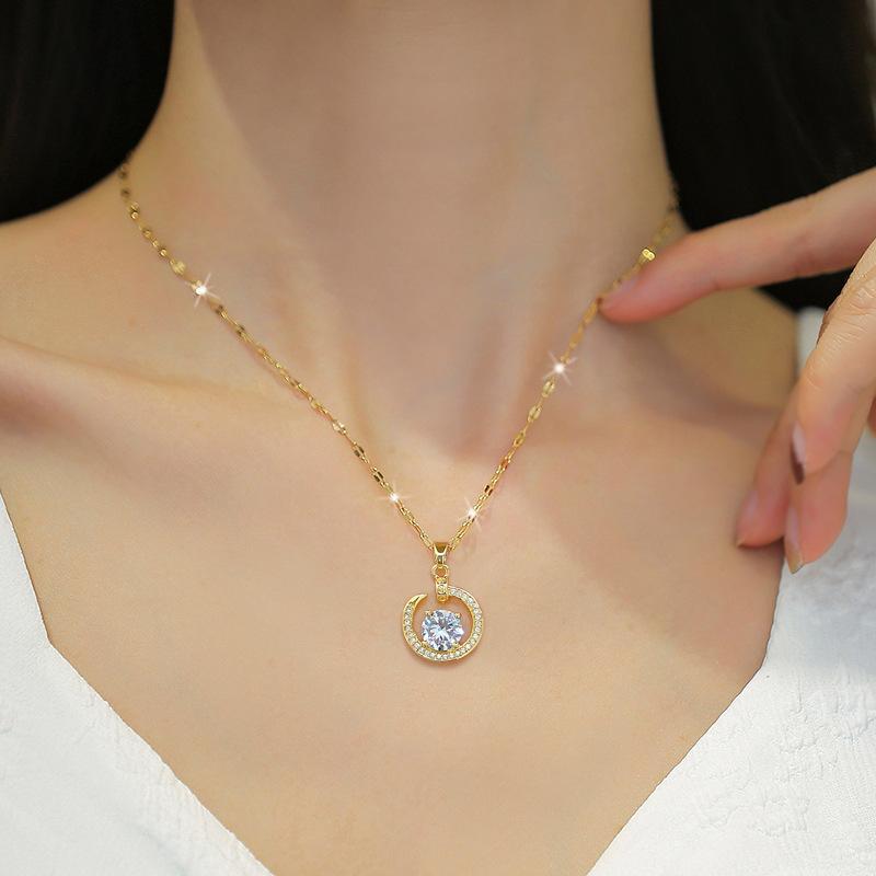 Zircon Moon Light Luxury Temperament Gorgeous Full Diamond Necklace Female Versatile Collarbone Chain Titanium Steel Chain