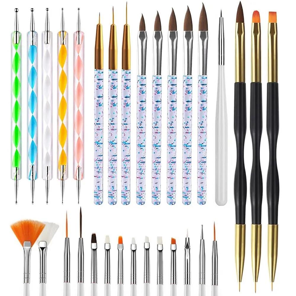 YIKOOLIN 31PCS Nail Art Brushes Nail Art Tool Set Double Ended Nail Dotting Tools Nail Dust Brush Acrylic Brush Manicure Tools