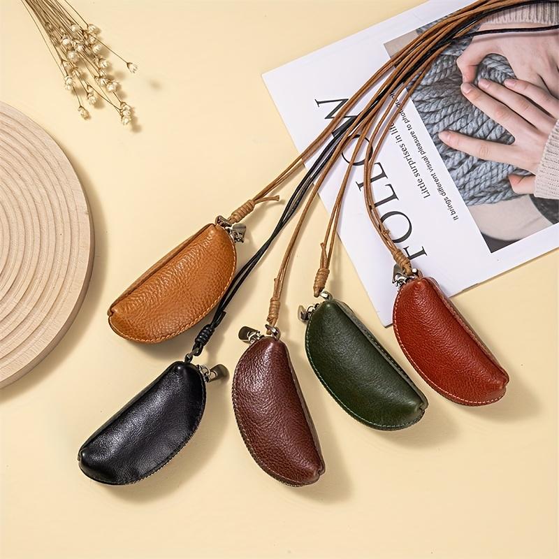 Women's Vintage Mini Hanging Neck Bag - Zippered Organizer Purse with Cord, Top Grain Cowhide Leather - Compact Makeup, Coin, Key, Earphone Case