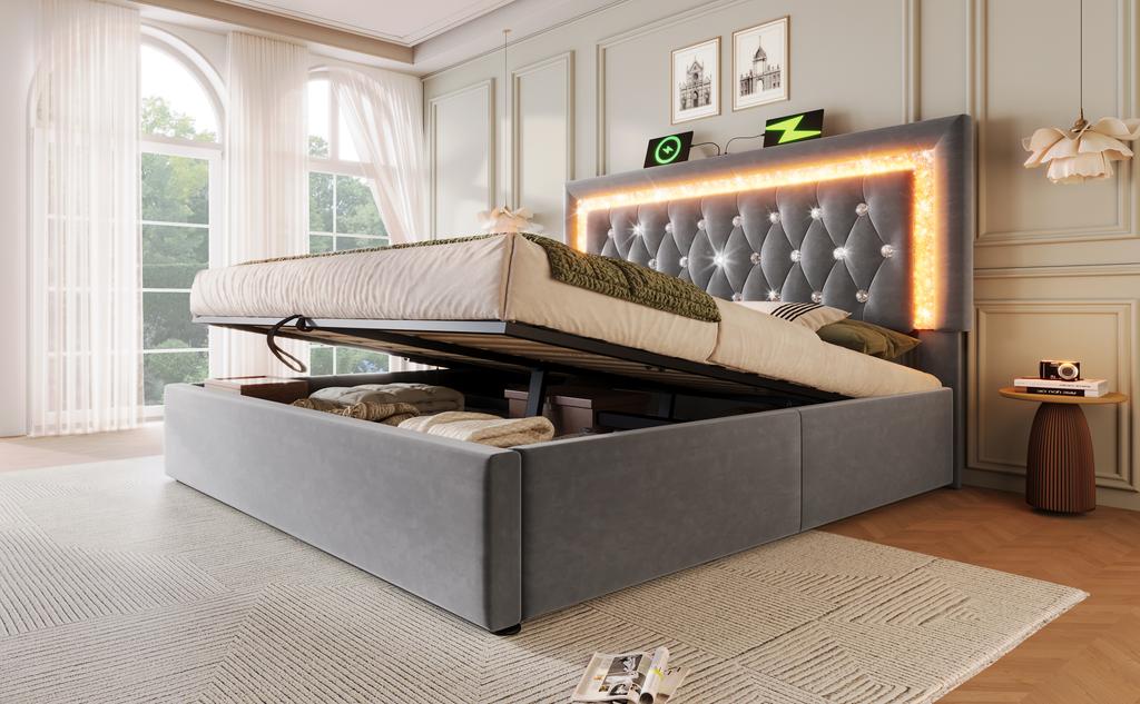 Polsterbett 180x200 cm Samt mit LED-Diamantstreifen, USB- & Typ-C-Ladestation, Stauraum, Lattenrost, grau (ohne Matratze)