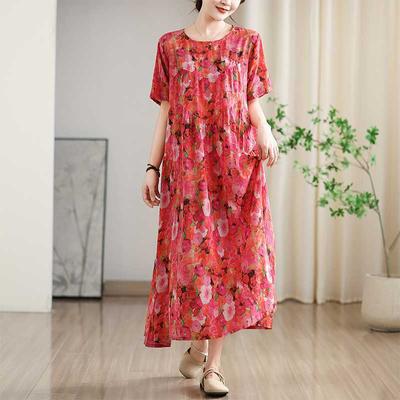 Vestido de Verão Retro Estampado com Gola Redonda e Manga Curta para Mulheres