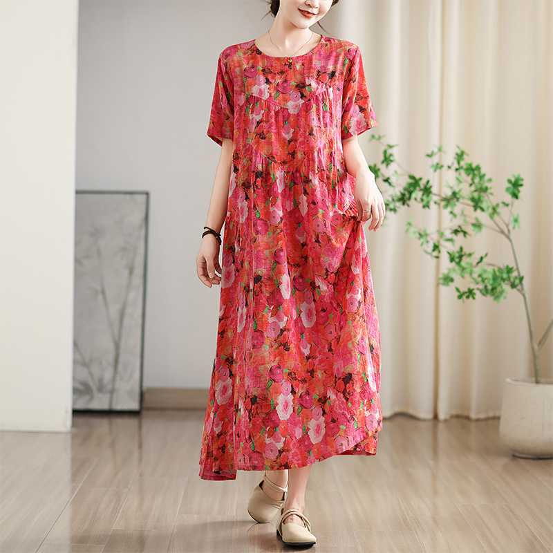

Summer Retro Printed Round Neck Short Sleeved Dress for Women one size