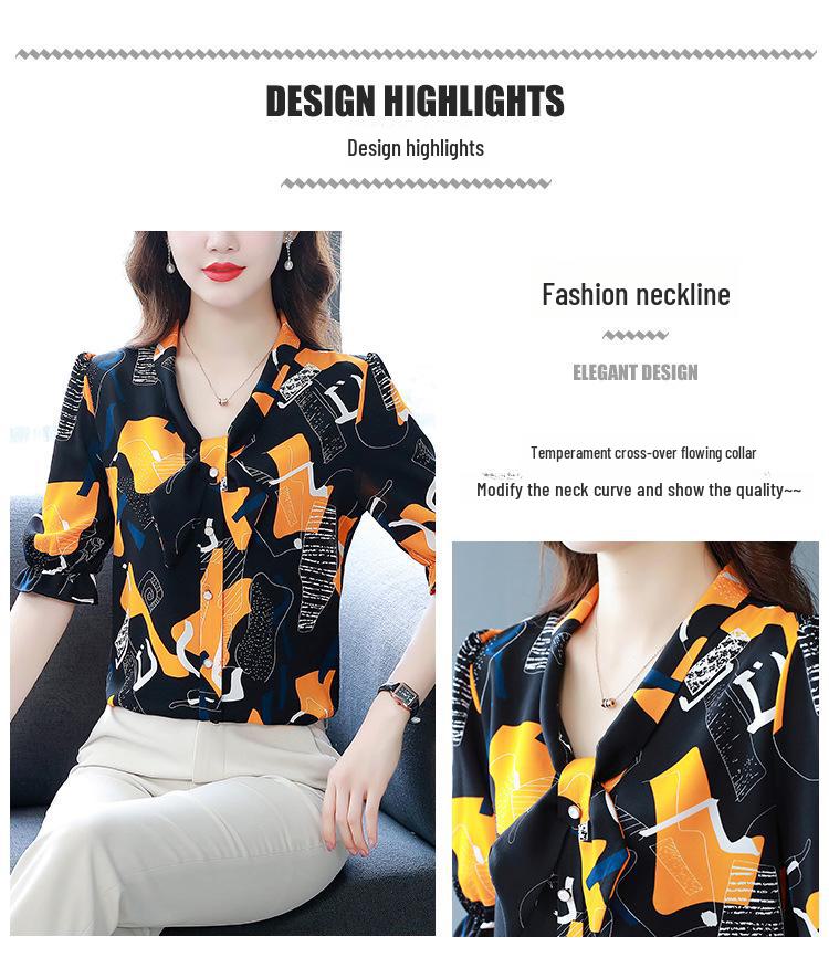 2023 Summer Fashion V-Neck Print Loose Ruffled Short-Sleeve Chiffon Top for Women