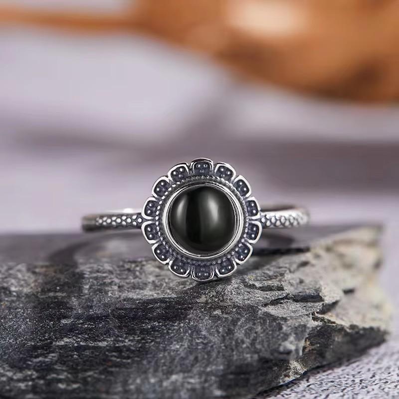 Vintage 925 Sterling Copper Ring Natural Black Onyx Ring Oval Round Stone Retro Fine Zircon Gift Sun Shaped For Women Men