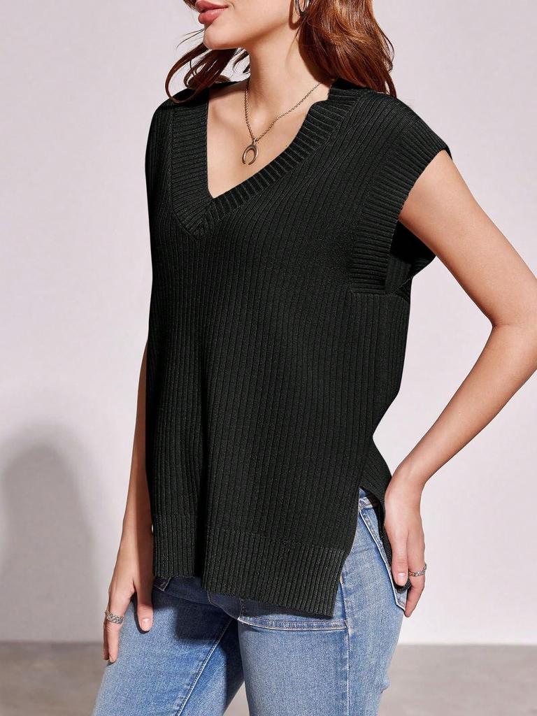 Women's Oversized V Neck Sweater Vest Sleeveless Ribbed Knit Loose Fit Top