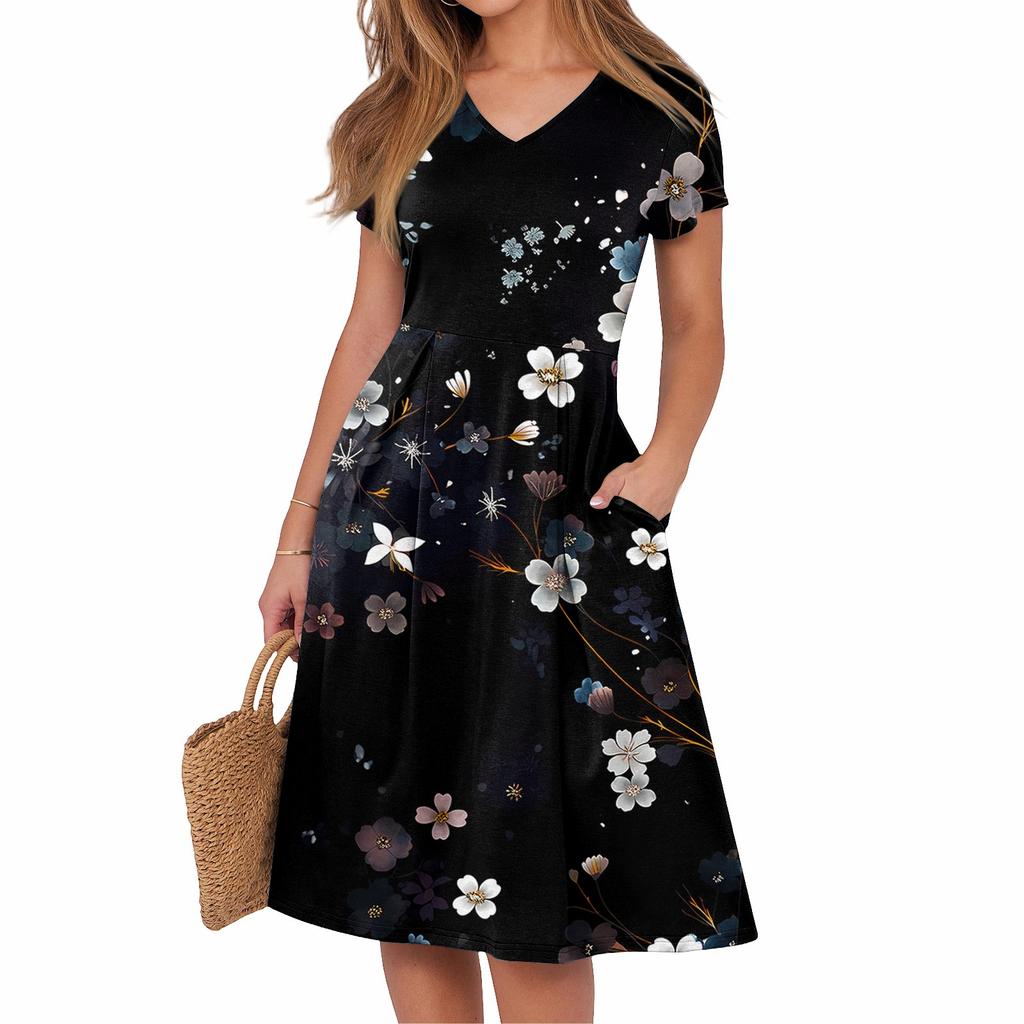 Women's Summer Casual Print V-Neck Short Sleeve Dress With Pockets
