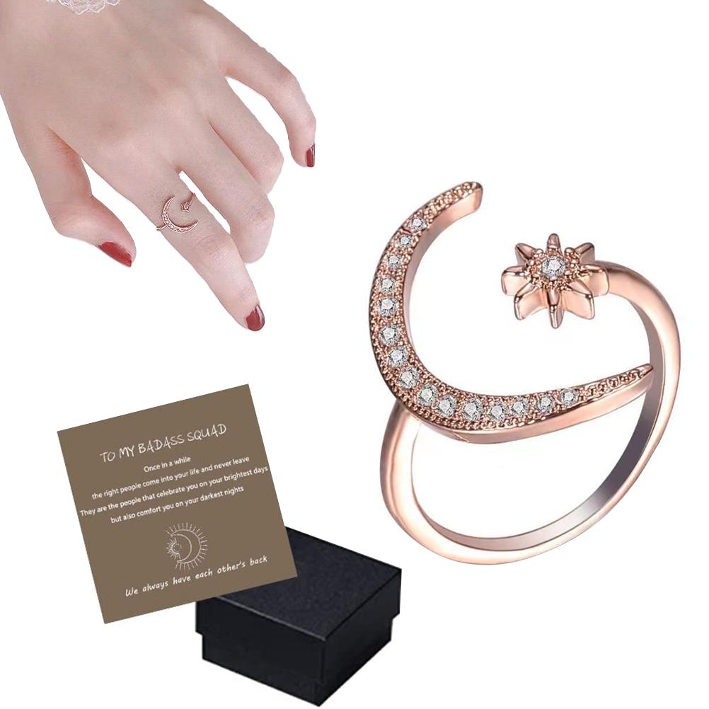 Crescent Moon Star Rings for Women Girls Adjustable Moon Open Ring Cubic Zirconia Minimalist Ring Jewelry Valentines