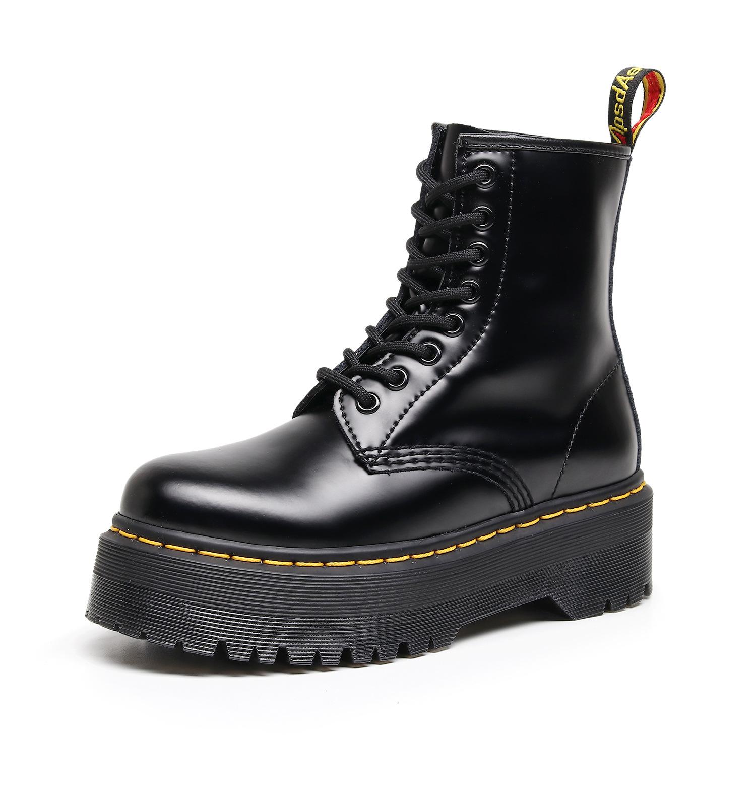 

Дырки высокие кожаные ботинки на толстой подошве ботинки до колена британский стиль ручная работа гладкая коровья кожа короткие ботинки рабочие 35 чёрный