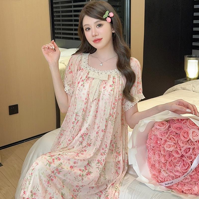 Linglei Summer Printed Lace Bow Mesh Court Princess Style Long Nightdress Pajamas Loungewear Women