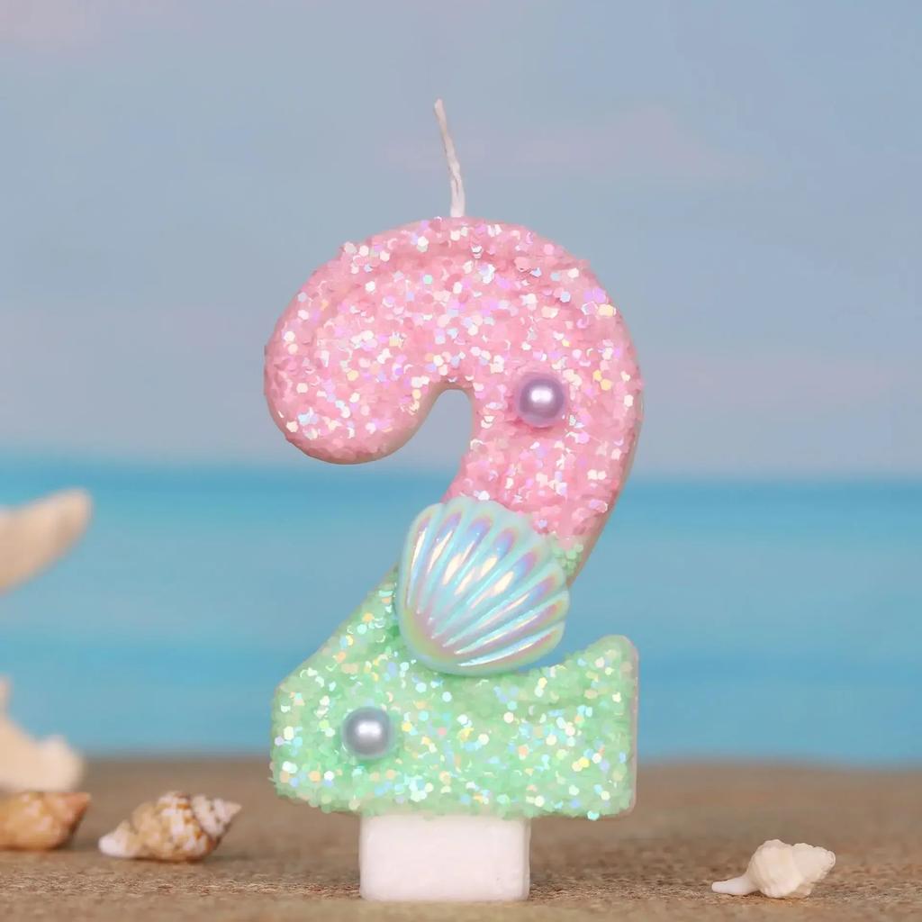 Ocean Mermaid Cake Candles Number 0-9 Number Candle Pink Green Cake Topper Candles Girls Birthday Party Cake Decoration Supplies