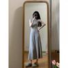 Elegant Knit Midi Dress With High Waist Pleats Slim Fit Sleeveless Round Neck Women Office Chic 2025