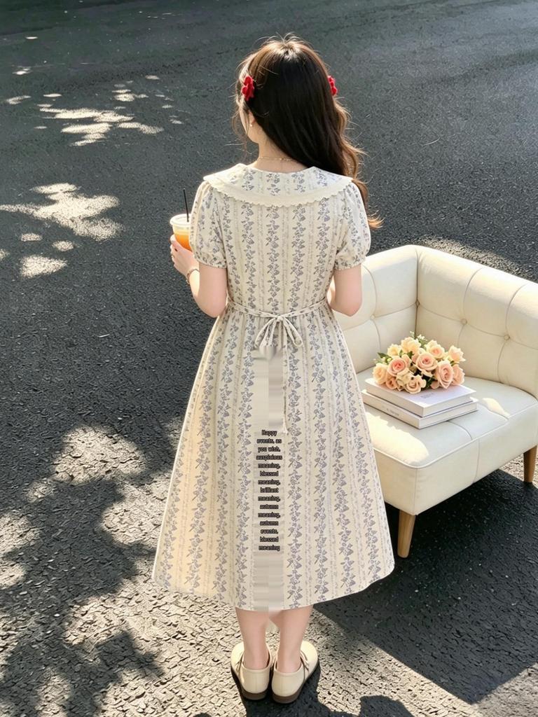 Girl's Elegant Blue & White Floral Lapel Summer Dress 2026