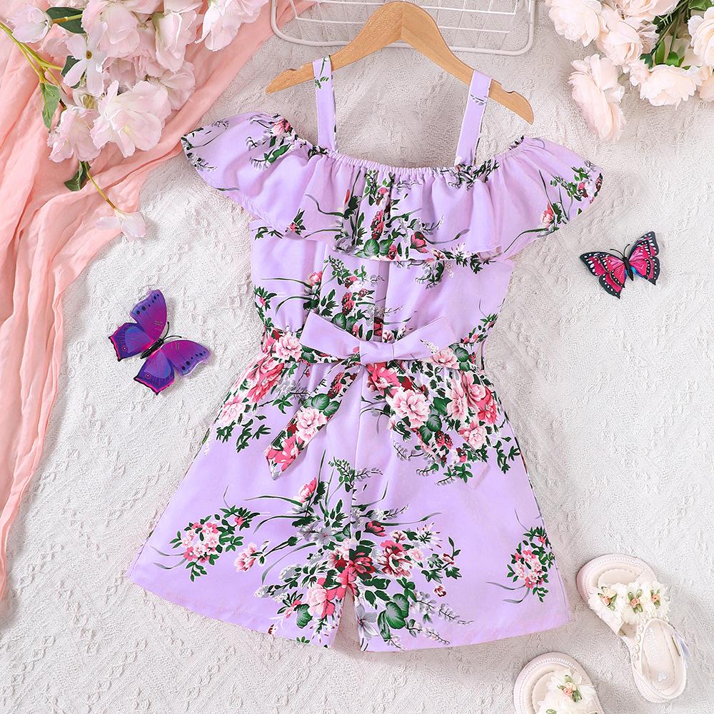 Children's Clothing New Arrival for Girls Summer Resort Style Ruffled Floral Jumpsuit