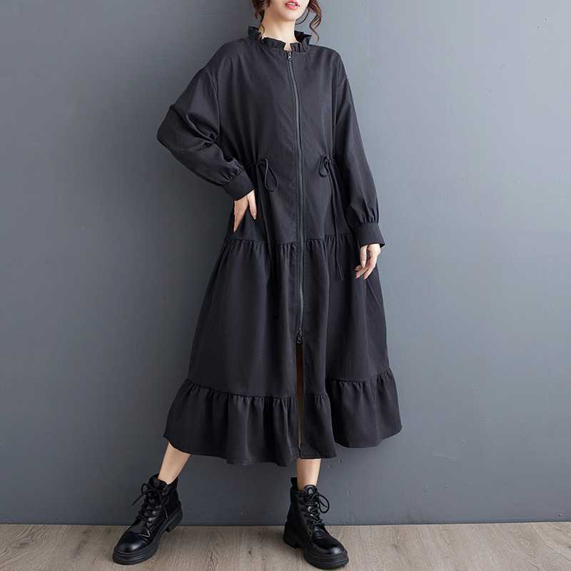 New Loose Retro Fashion Pleated Splicing Mid-Length Zipper Style Dresses