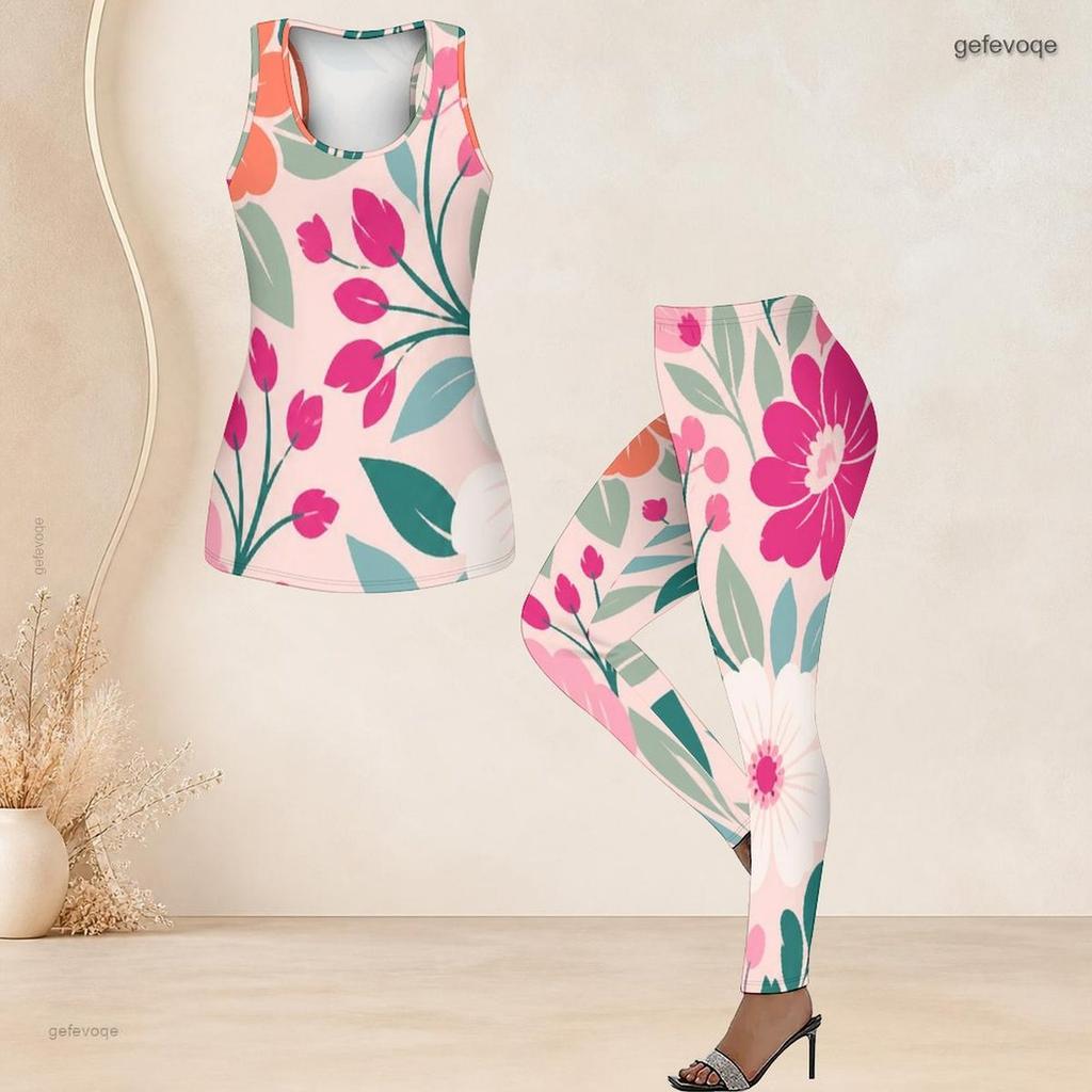 Women Plus Size Scoop Neck Sleeveless Floral Printed Tank Top And Fitted Pants Two Piece Set