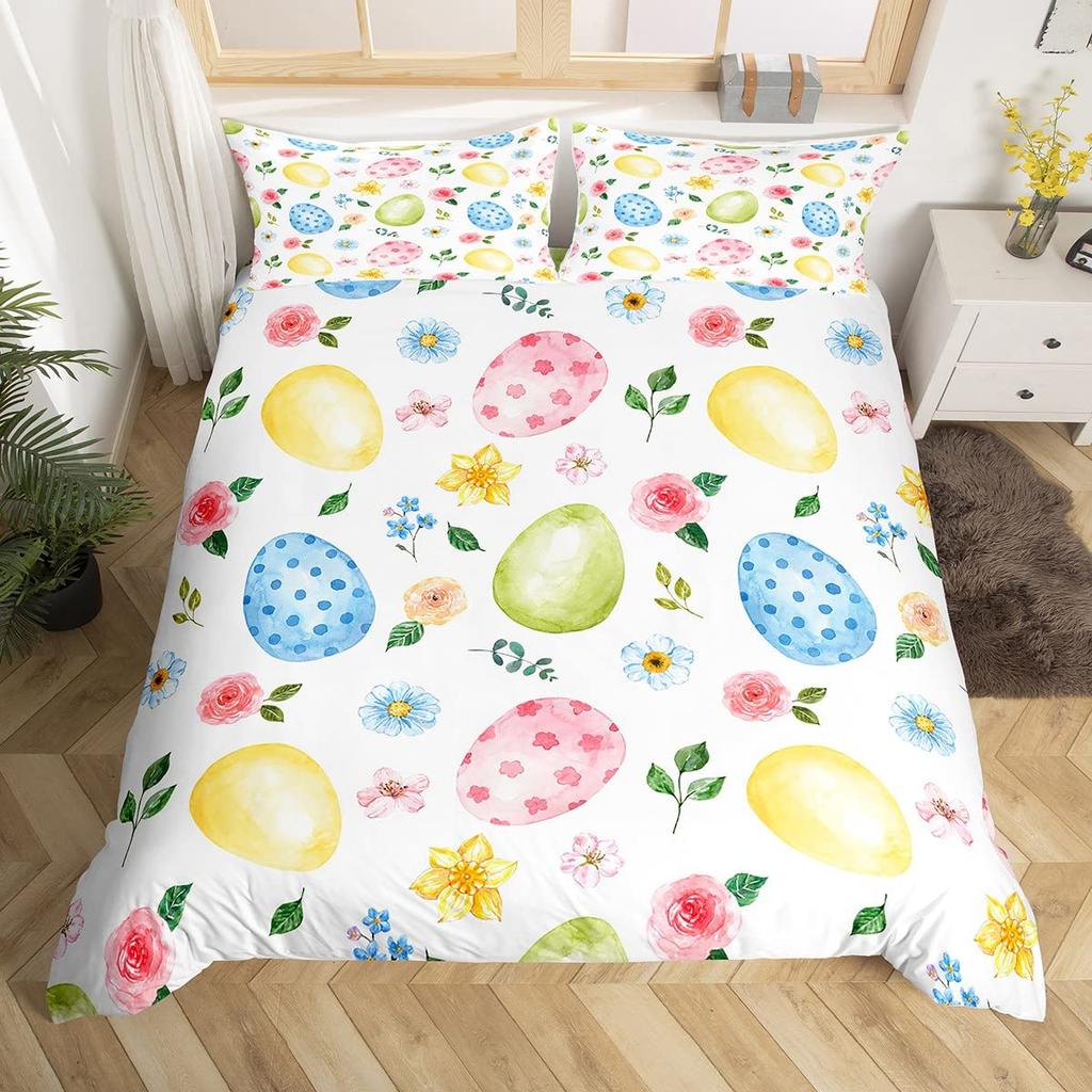Watercolor Easter Eggs King Queen Bedding Set Happy Easter Themed Duvet Cover Toddlers Rainbow Easter Egg Polyester Quilt Cover