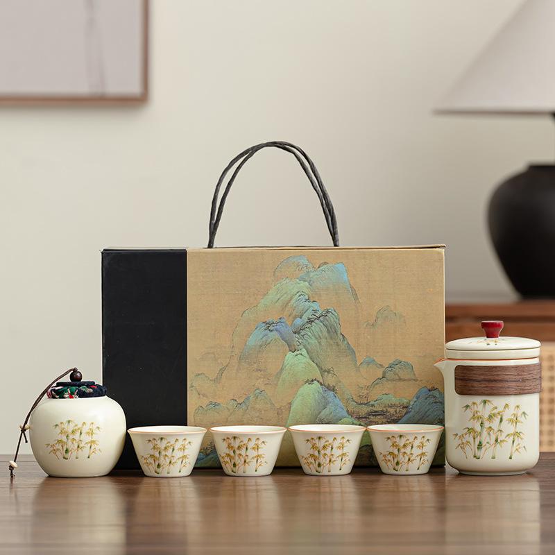 Ru kiln gold silk ancient rhyme Guochao ceramic kung fu travel tea set thousand miles of Jiangshan high-end gift box