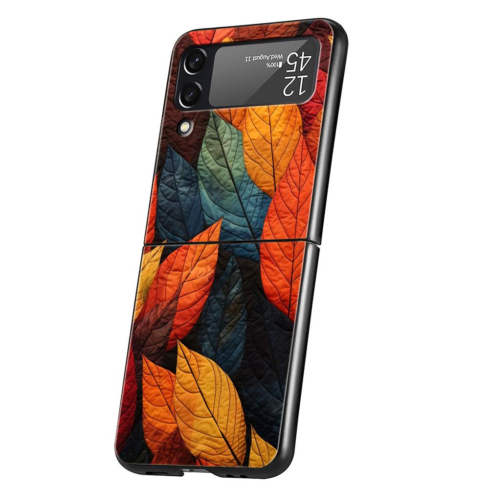 Colorful Leaves Hard PC Phone Case For Samsung Galaxy Z Flip 5 4 3 Black Cover For Galaxy Z Flip 6 Foldable Shockproof Case Capa