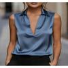 Damen Unifarben Satin V-Ausschnitt Ärmellos Lässig Bluse Top
