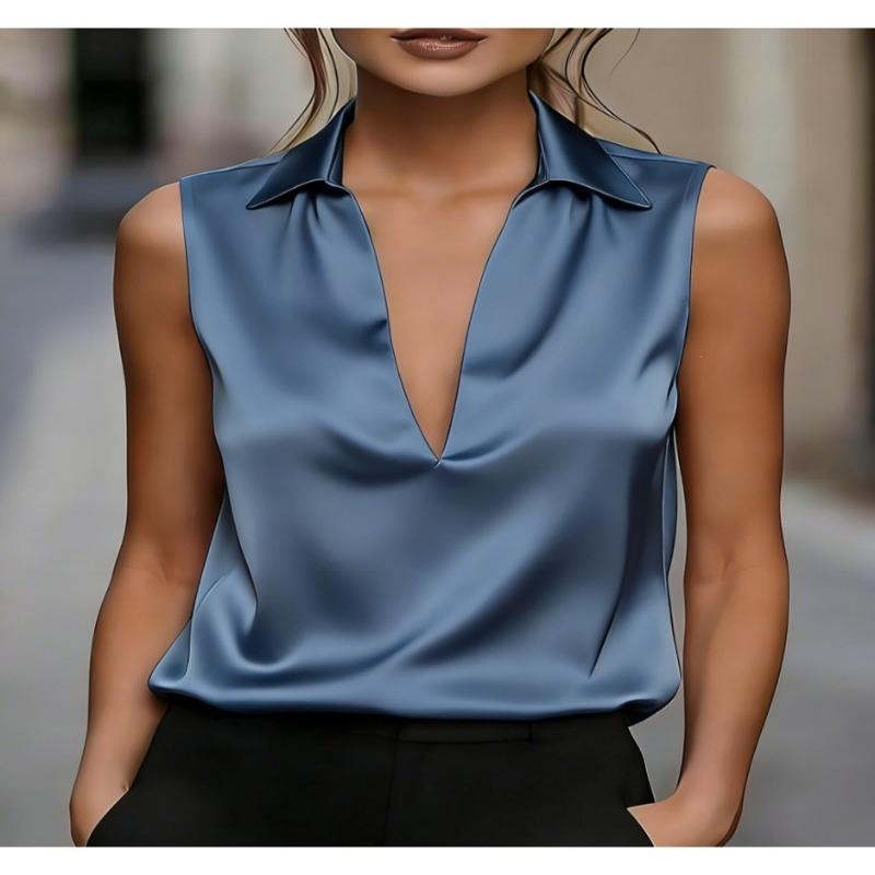 Damen Unifarben Satin V-Ausschnitt Ärmellos Lässig Bluse Top