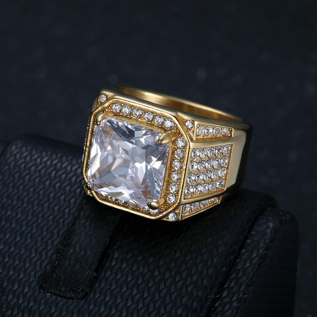 Nouvelle Bague Hip-Hop Homme en Acier Inoxydable 316 Dorée Incrustée de Zircon 3A de Luxe