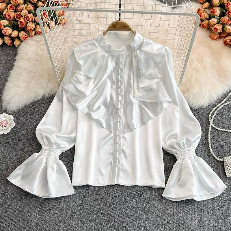 Vintage Solid Blouses Women Elegant Acetate Satin Stand Collar Flare Sleeve Design New Chic Sweet Loose Ruffles Female  Tops