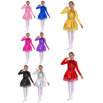 Girls Metallic Tutu Dress Sequins Sheer Mesh Long Sleeve Design Keyhole Back Sparkling Dance Costume